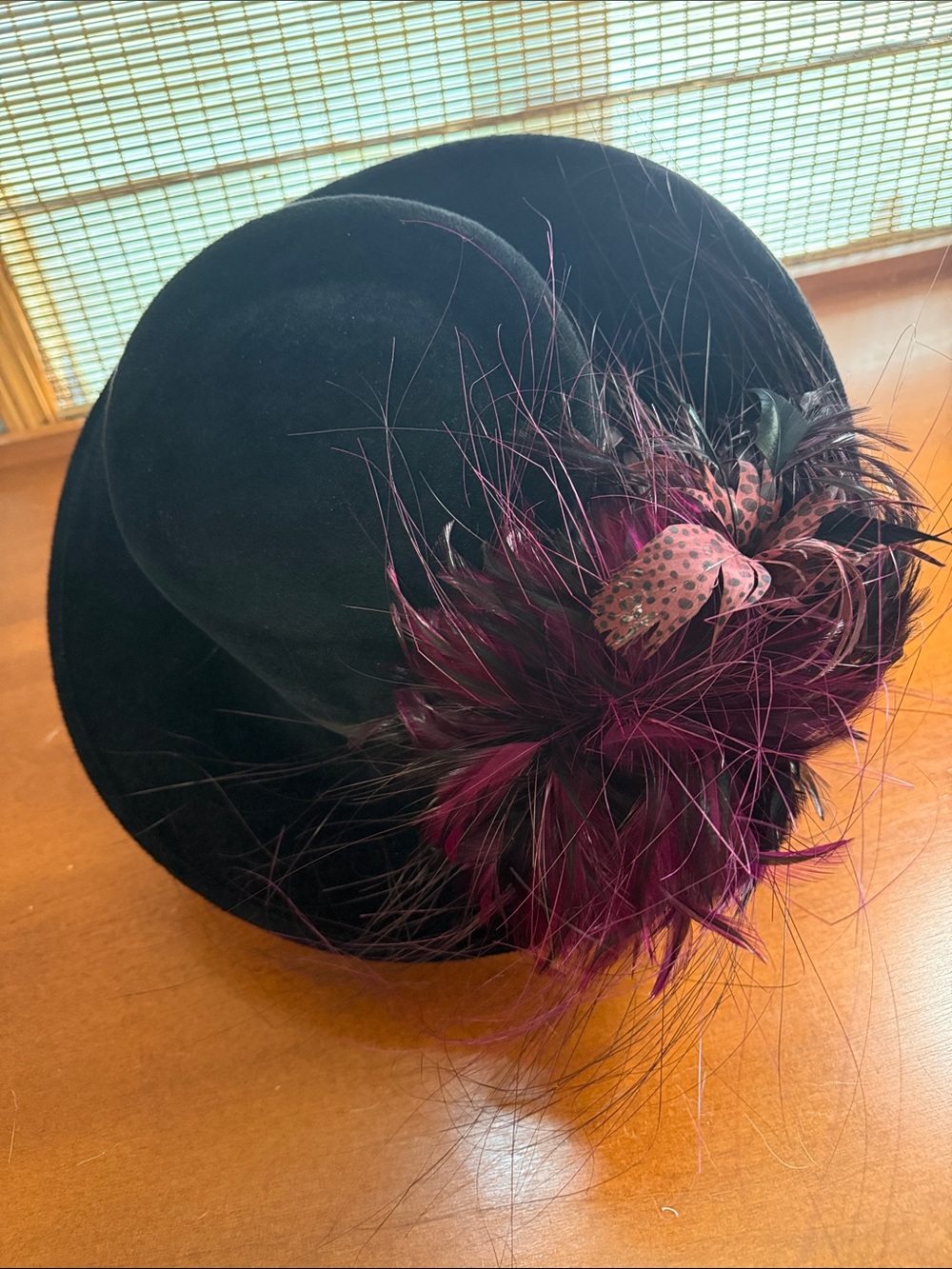 Philip Treacy Black Wool Felt Hat with Plum Feather Trim